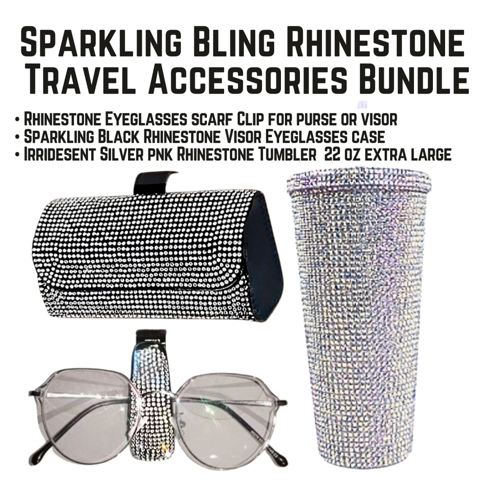 Rhinestone 3 Piece Set Auto Vision Glasses Holder + Tumbler + Sunglass Hard Case